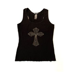 Bisou Bisou Rhinestone Embellished Gold Cross Black Ribbed Raw Hem Top